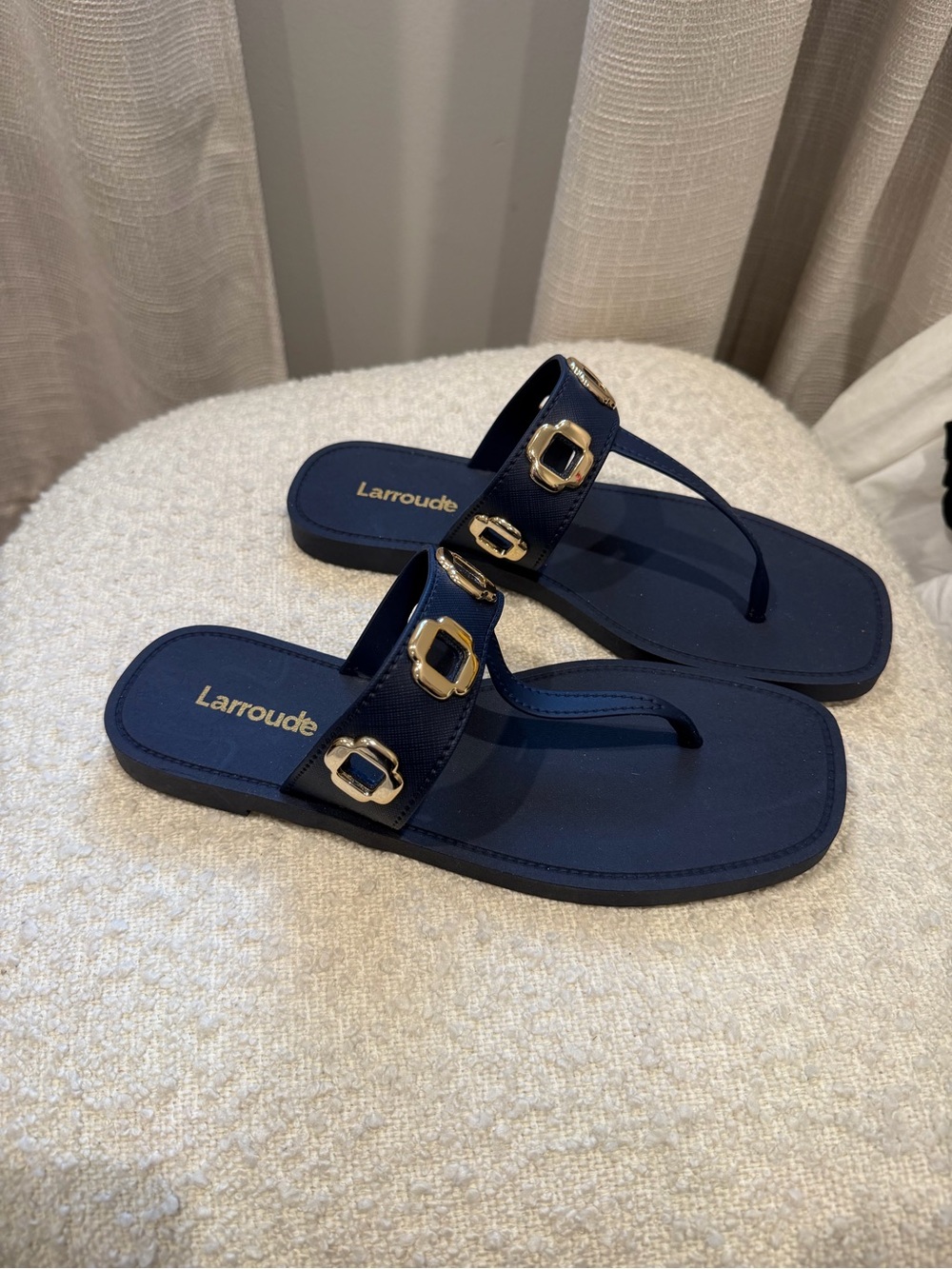 Never Worn Larroude Milan Navy Sandal with Gold Buckle Accents